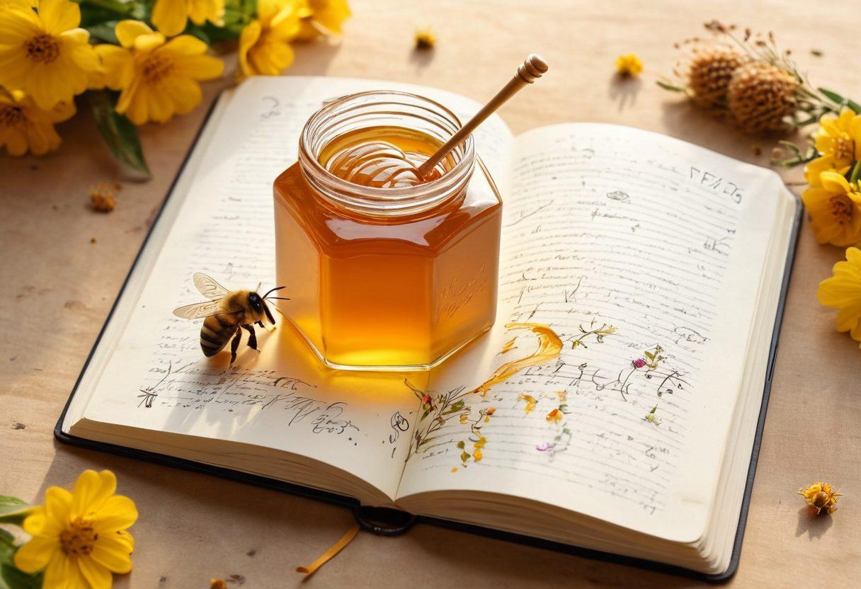 A golden honey jar spilling its contents onto an open journal filled with handwritten notes and doodles. Bees buzz nearby while lush flowers bloom around the scene, symbolizing natural richness. Soft sunlight filters through, casting a warm glow on both the honey and the journal pages. This enchanting setup conveys the connection between honey's sweetness and the joy of journaling. vibrant colors. super-realistic. natural setting.