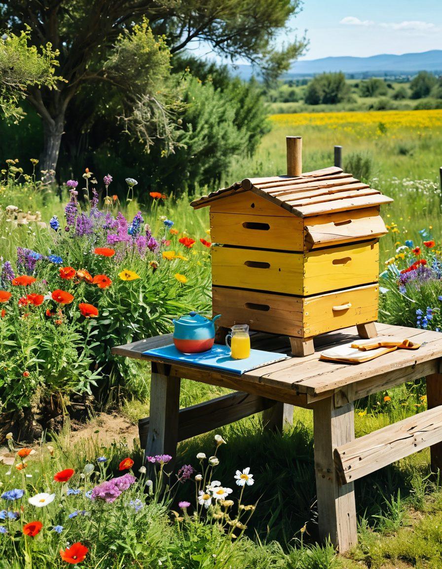 A serene countryside landscape featuring a rustic beehive surrounded by vibrant wildflowers, with a wooden table set for a delicious meal, showcasing colorful dishes made from local ingredients. In the background, a person tending to the hive, with bees buzzing around, and a notebook lying open with a pen, symbolizing the journey from beekeeping to blogging. soft natural light, warm colors. painting.