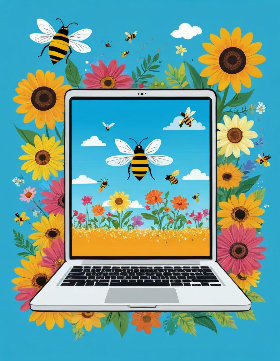 A whimsical cartoon-style illustration of a laptop with a honey jar on top, surrounded by flying bees and vibrant flowers. The screen displays a lively blog layout with sweet and colorful graphics, symbolizing creativity and engagement. The background features a bright sunny sky, giving a warm and inviting feel. Playful typography spells out the blog title, enhancing the overall cheerful vibe. cartoon art. vibrant colors. sunny background.